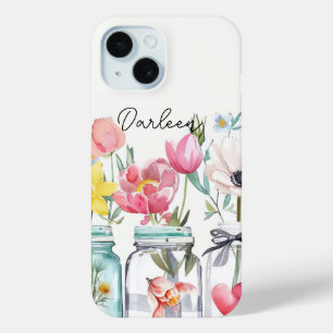 Spring Flowers in Mason Jar Design with Name iPhone 15 Case