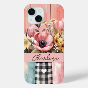 Spring Flowers in Mason Jar Design with Name iPhone 15 Case