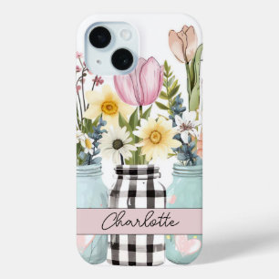 Spring Flowers in Mason Jar Design with Name iPhone 15 Case
