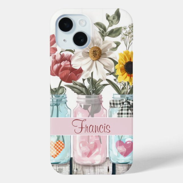 Spring Flowers in Mason Jar Design with Name Case-Mate iPhone Case (Back)