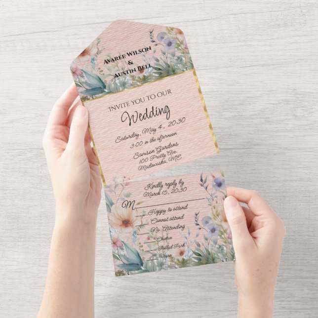 Spring Flowers In Peach Blue and Pink All In One Invitation (Tearaway)