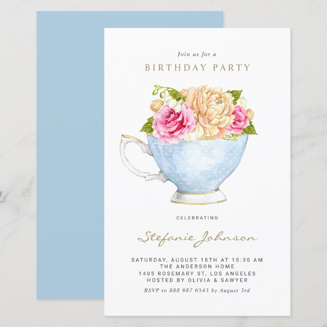 Spring Flowers in Teacup Birthday Party Invitation (Front/Back)