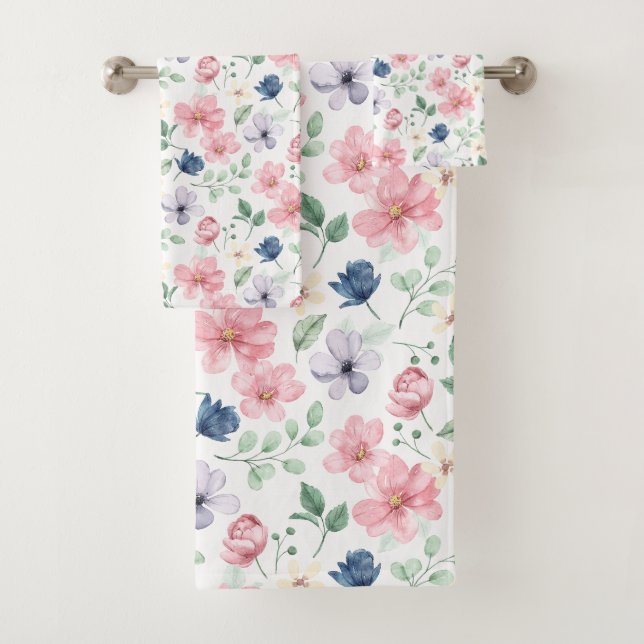 Spring Flowers & Leaves Pattern Bath Towel Set (Insitu)