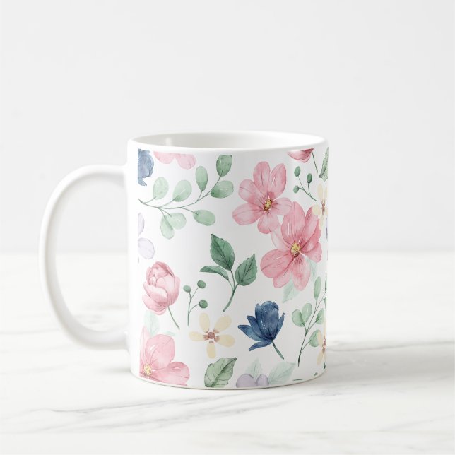 Spring Flowers & Leaves Pattern Coffee Mug (Left)