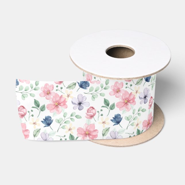 Spring Flowers & Leaves Pattern Satin Ribbon (Spool)