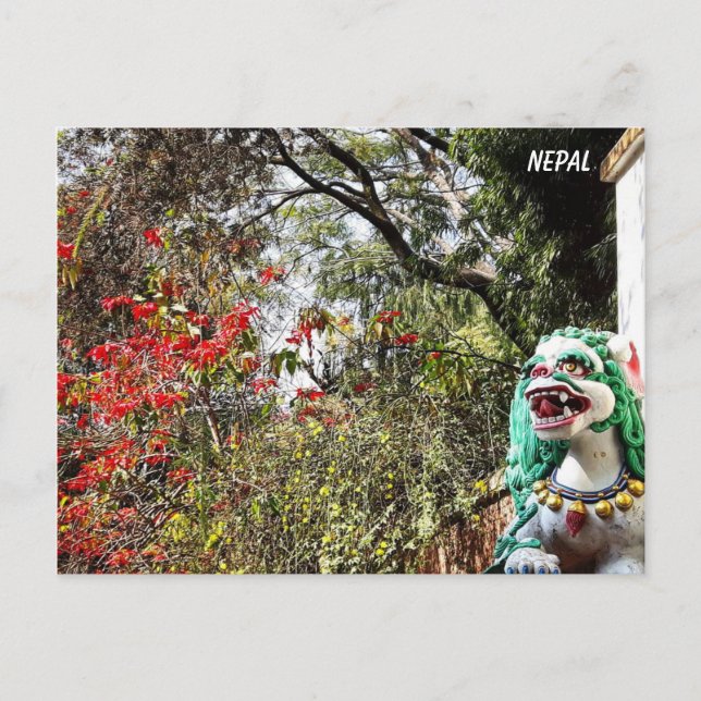 Spring flowers, monastery guardians - Nepal Postcard (Front)