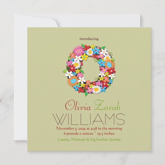 Spring Flowers Monogram Baby Girl Photo Birth Announcement (Front)