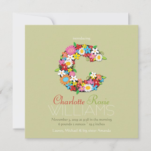 Spring Flowers Monogram Baby Girl Photo Birth Announcement (Front)