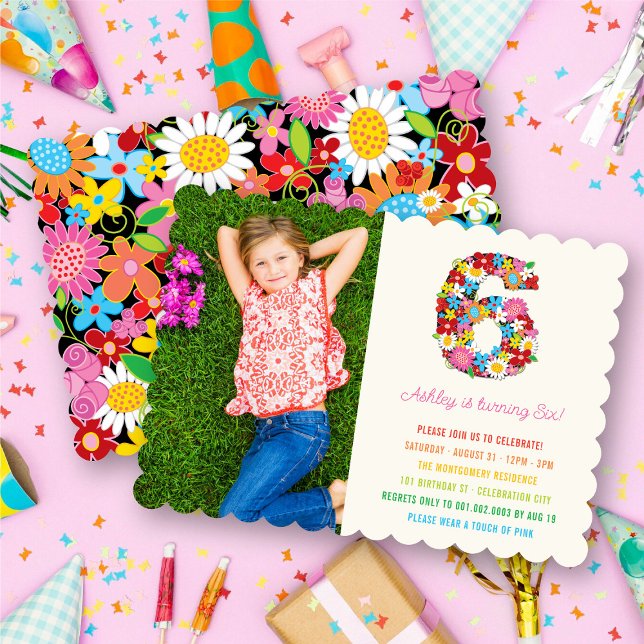 Spring Flowers Number Six Girl 6th Birthday Photo Invitation (Spring Flowers Number Six Girl 6th Birthday Photo Invitation @ fat_fa_tin)
