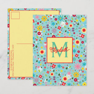 Spring Flowers on Aqua Blue Monogram Postcard