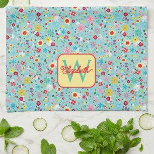 Spring Flowers on Aqua Blue Monogram Tea Towel