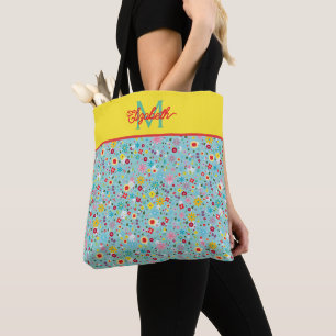 Spring Flowers on Aqua Blue Monogram Tote Bag
