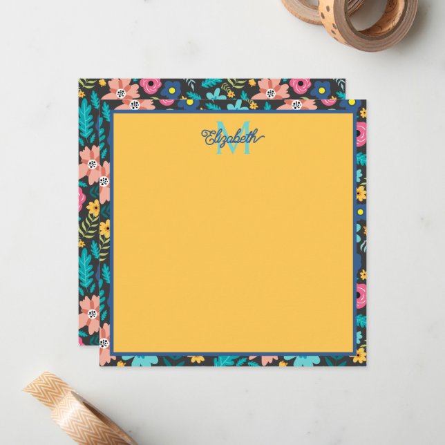 Spring Flowers on Black Monogram Card (Front/Back In Situ)