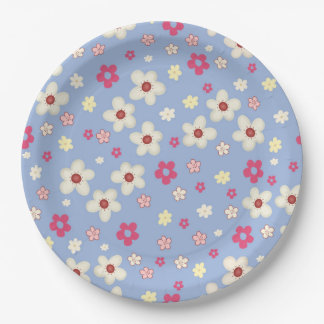 spring flowers on blue background paper plate