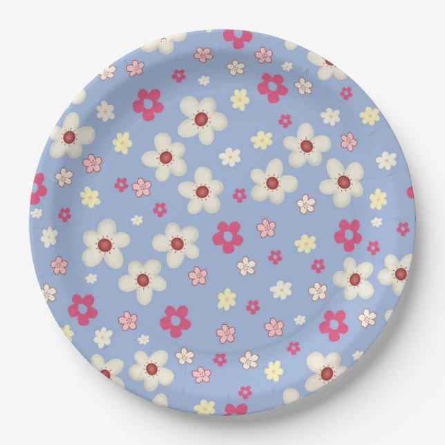 spring flowers on blue background paper plate (Front)