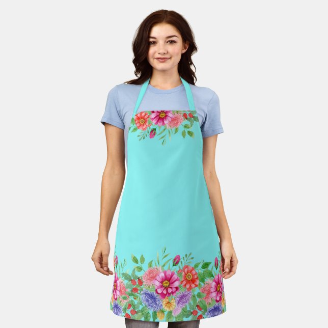 Spring Flowers on Teal Background Cooking Apron (Worn)