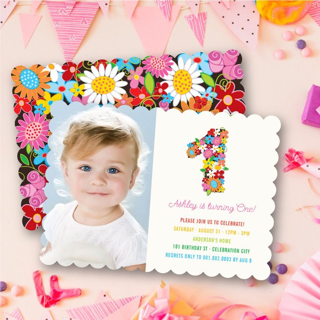 Spring Flowers One Baby Girl First Birthday Photo Invitation (Spring Flowers Garden Blooms Number One Photo Baby Girl's 1st Birthday Party Invitation @ fat_fa_tin)