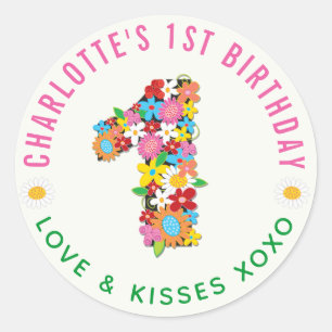 Spring Flowers One Girl 1st Birthday Party Sticker