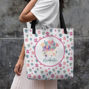 Spring Flowers Pattern Envelope Bouquet with Name Tote Bag