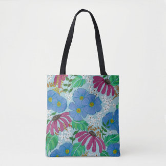 Spring Flowers Periwinkle blue and Pink Tote