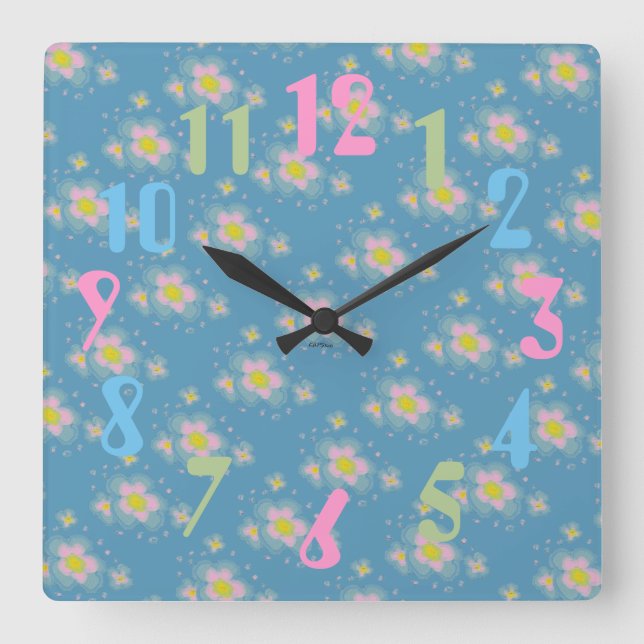 Spring Flowers (pink/blue) Square Wall Clock (Front)
