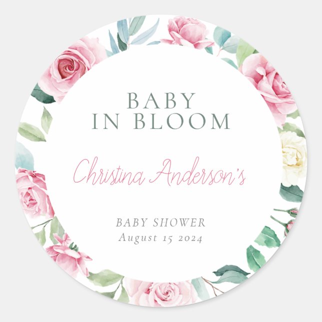 Spring Flowers Pink Circle Girl Baby Shower Classic Round Sticker (Front)