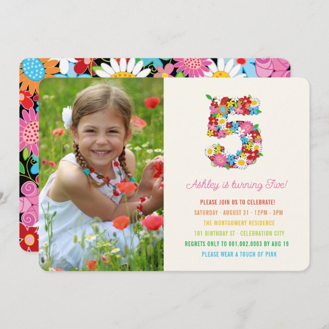 Spring Flowers Pink Girl 5th Birthday Photo Invite (Front/Back)