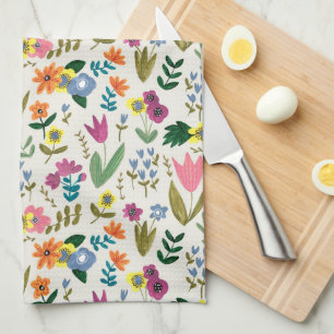 Spring flowers pink & green cute floral  tea towel