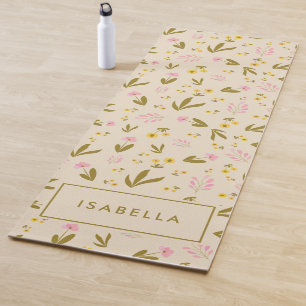 Spring Flowers Pink Green Floral Custom Name Yoga Mat