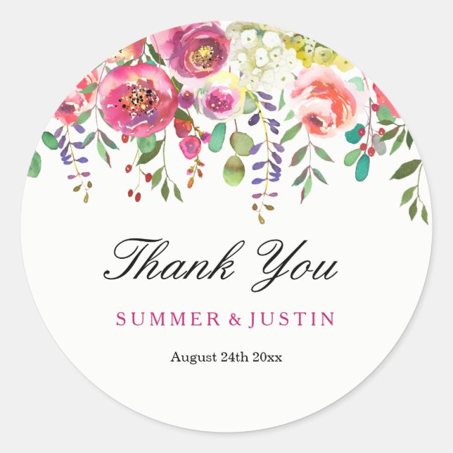 Spring Flowers Pink Peach Wedding Thank You Classic Round Sticker (Front)