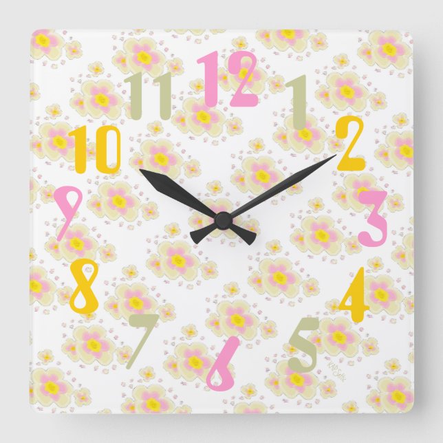 Spring Flowers (pink/yellow) Square Wall Clock (Front)