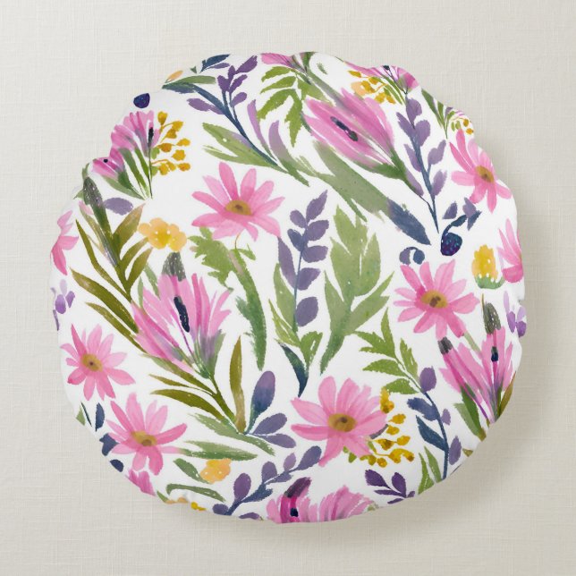Spring Flowers | Pretty Pastel Floral Watercolor Round Cushion (Front)
