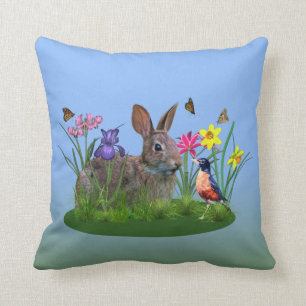 Spring Flowers, Robin,  and Bunny Rabbit Cushion