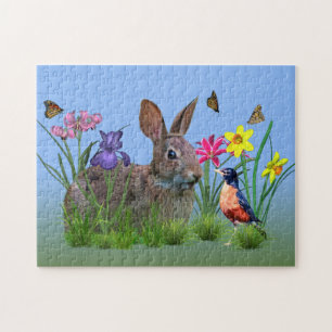 Spring Flowers, Robin,  and Bunny Rabbit Jigsaw Puzzle