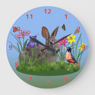 Spring Flowers, Robin,  and Bunny Rabbit Large Clock