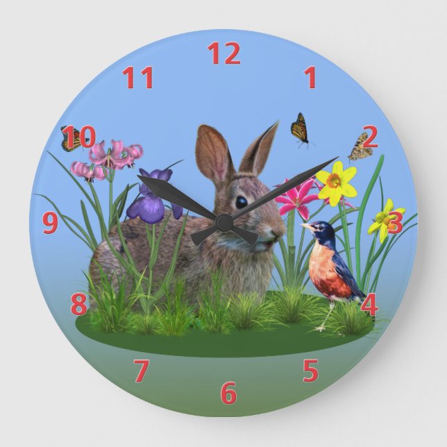 Spring Flowers, Robin,  and Bunny Rabbit Large Clock (Front)