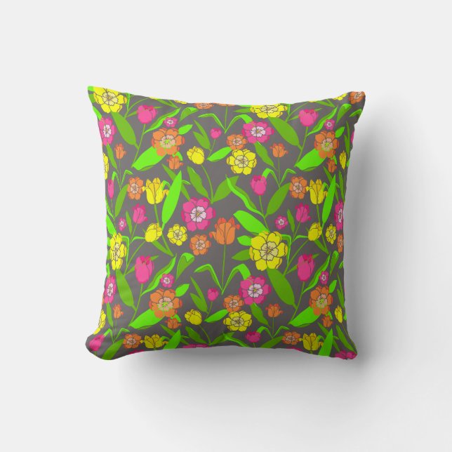 Spring Flowers Tulips on Grey Cushion (Front)