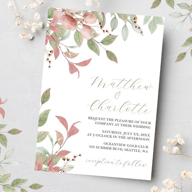 Spring Flowers Watercolor Pink Wedding Invitation (Watercolor Leaves, Green & Pink Wedding Invitation 3)