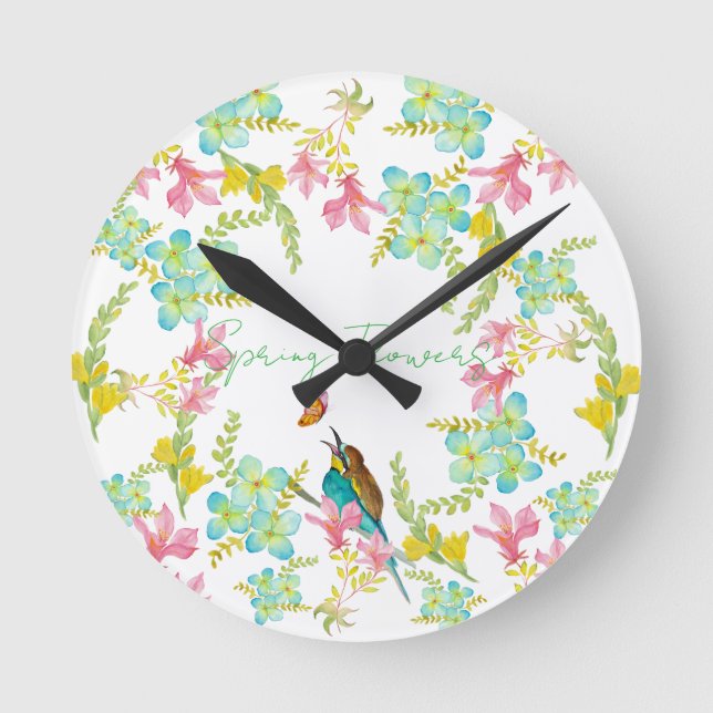 Spring flowers watercolor  round clock (Front)