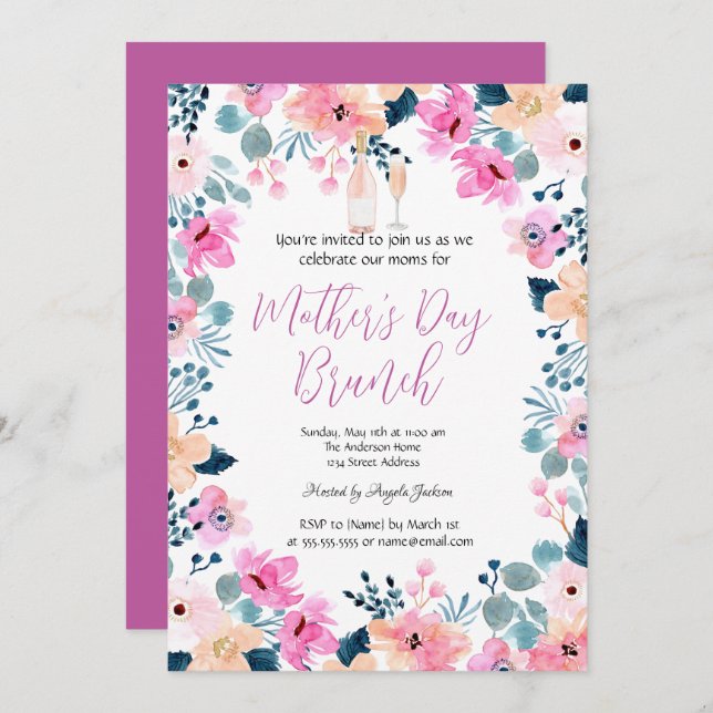 Spring Flowers Wine Mother's Day Brunch  Invitation (Front/Back)