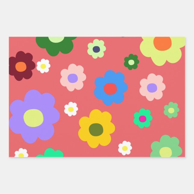 Spring Flowers Y2K Retro Pattern Wrapping Paper Sheet (Front)