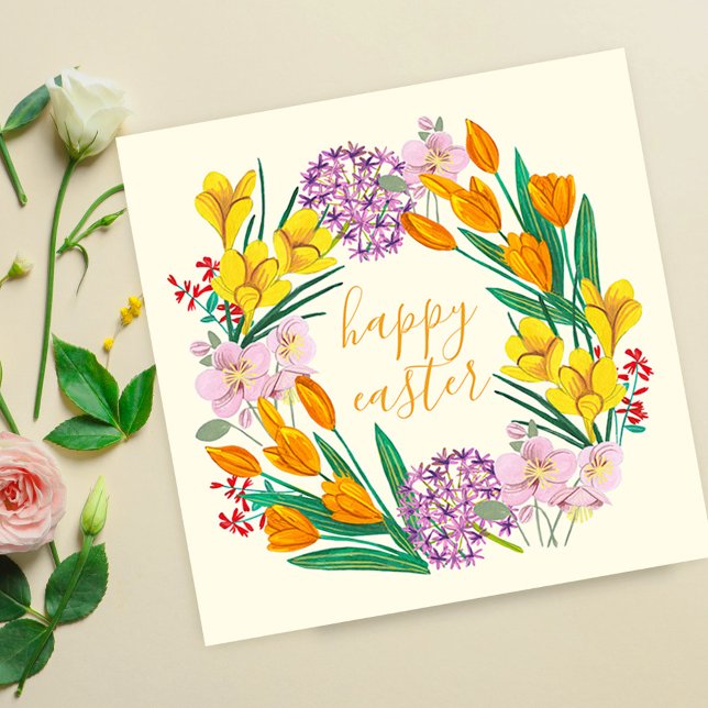 Spring flowers yellow easter floral tulip drawing card (Spring Wildflower Wreath Happy Easter Floral ArtCard)