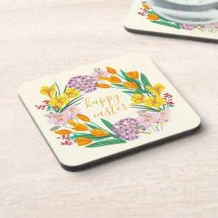 Spring flowers yellow easter floral tulip drawing coaster