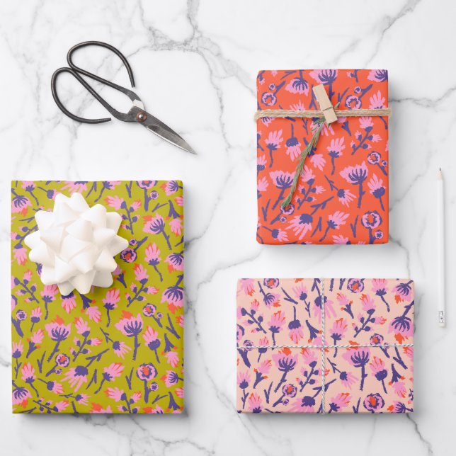 Spring Flowers Yellow Pink purp Botanical  Floral  Wrapping Paper Sheet (Front)