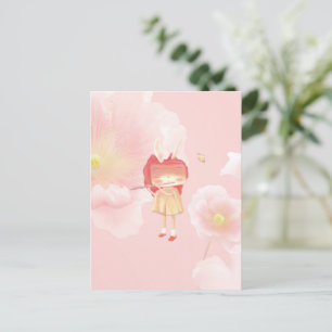 Spring Flute: Bunny Girl Playing Music in Pink Gar Announcement Postcard