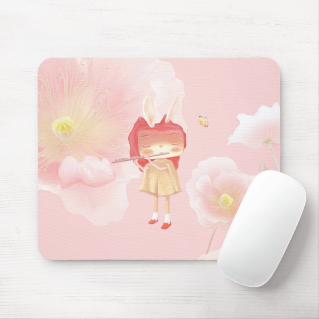 Spring Flute: Bunny Girl Playing Music in Pink Gar Mouse Pad (With Mouse)