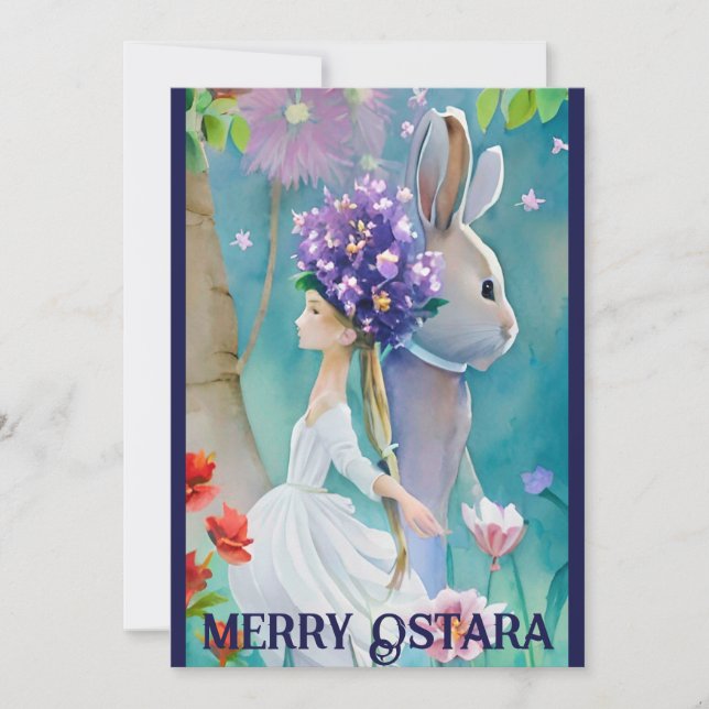 Spring Forest Flowergirl & Hare Ostara Equinox Holiday Card (Front)