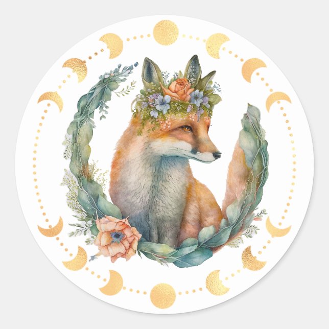 Spring Fox Moon Phase  Classic Round Sticker (Front)