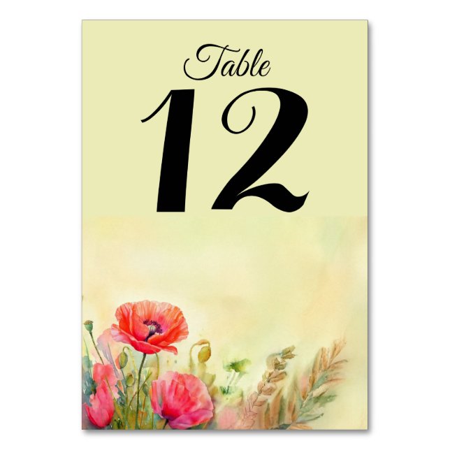 Spring Fresh Watercolor Poppies  Table Number (Front)