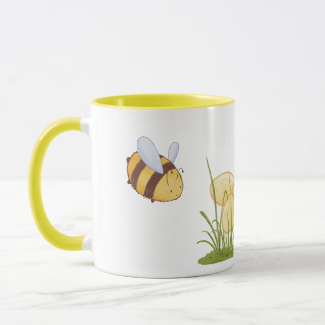 Spring Funny Cute Bees Yellow Daisies Flowers Mug (Left)